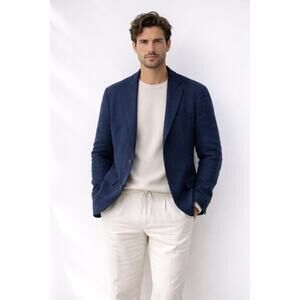 Tomorrowland Mens Linen Cotton Blazer US 42R Navy Two Button Preppy Old Money